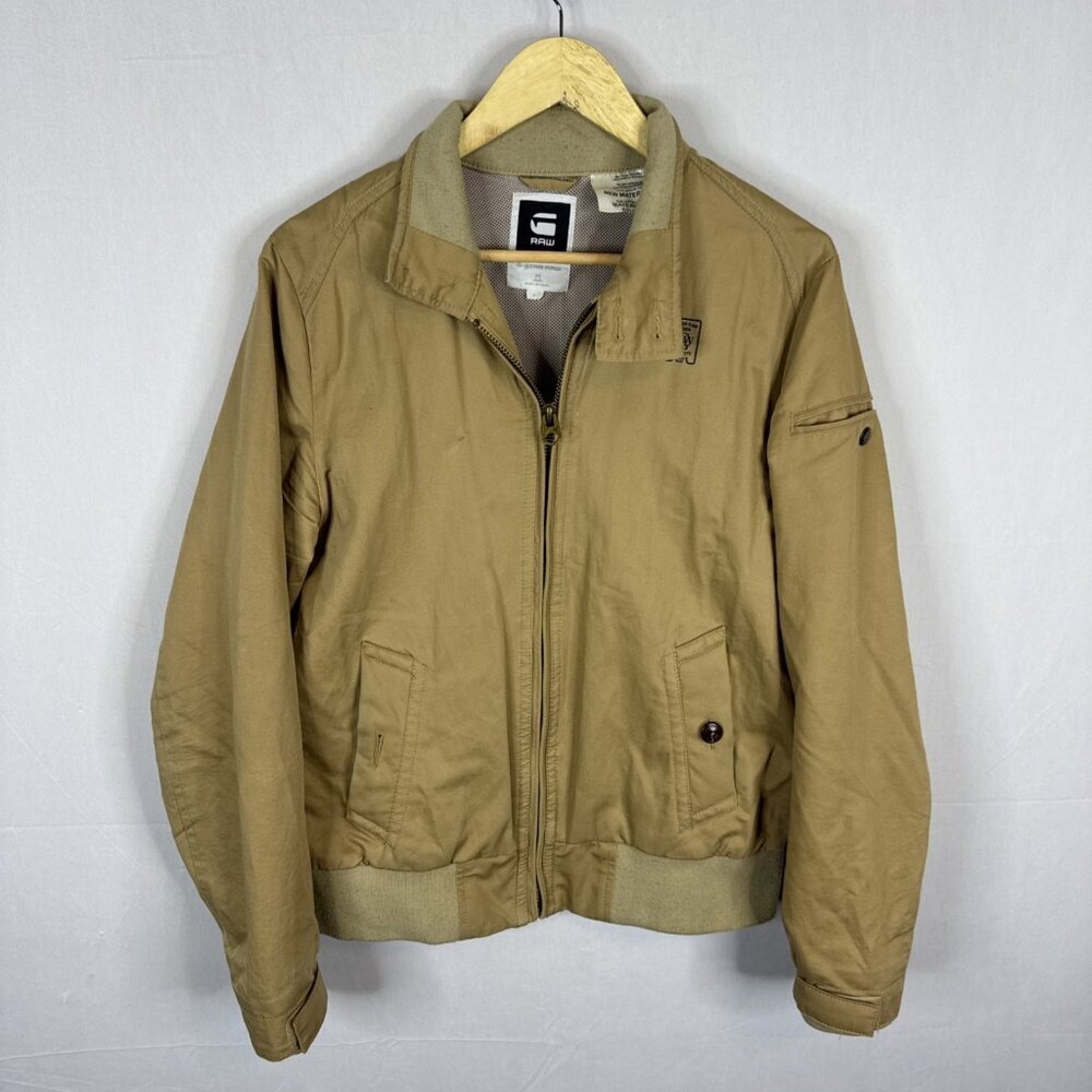G Star Raw Fleet JKT Bomber Jacket Tan‎ Cotton Linen Zip Front Mens M Harrington